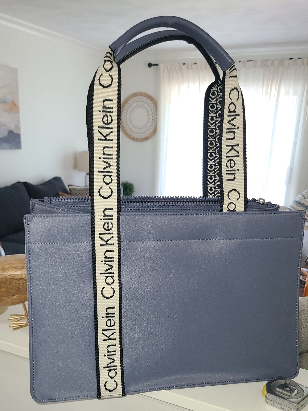 NWT! Calvin Klein Dusty Blue Tote with Branded White & Black Straps
